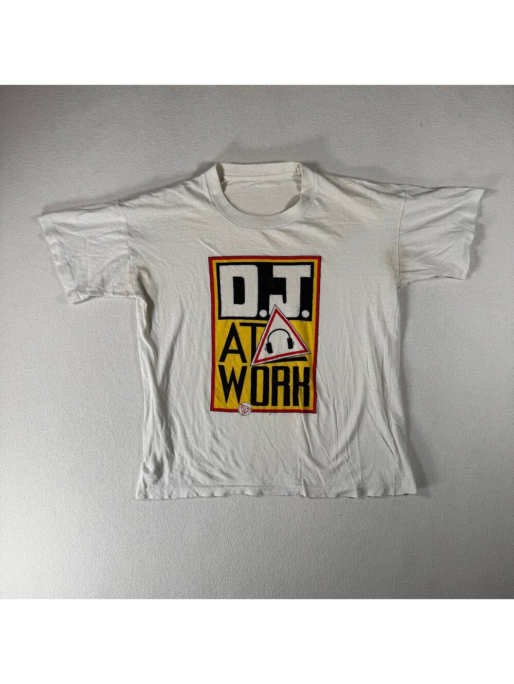Vintage 80s Paper Thin D.J. At Work Graphic T-Shirt White Medium Single Stitch